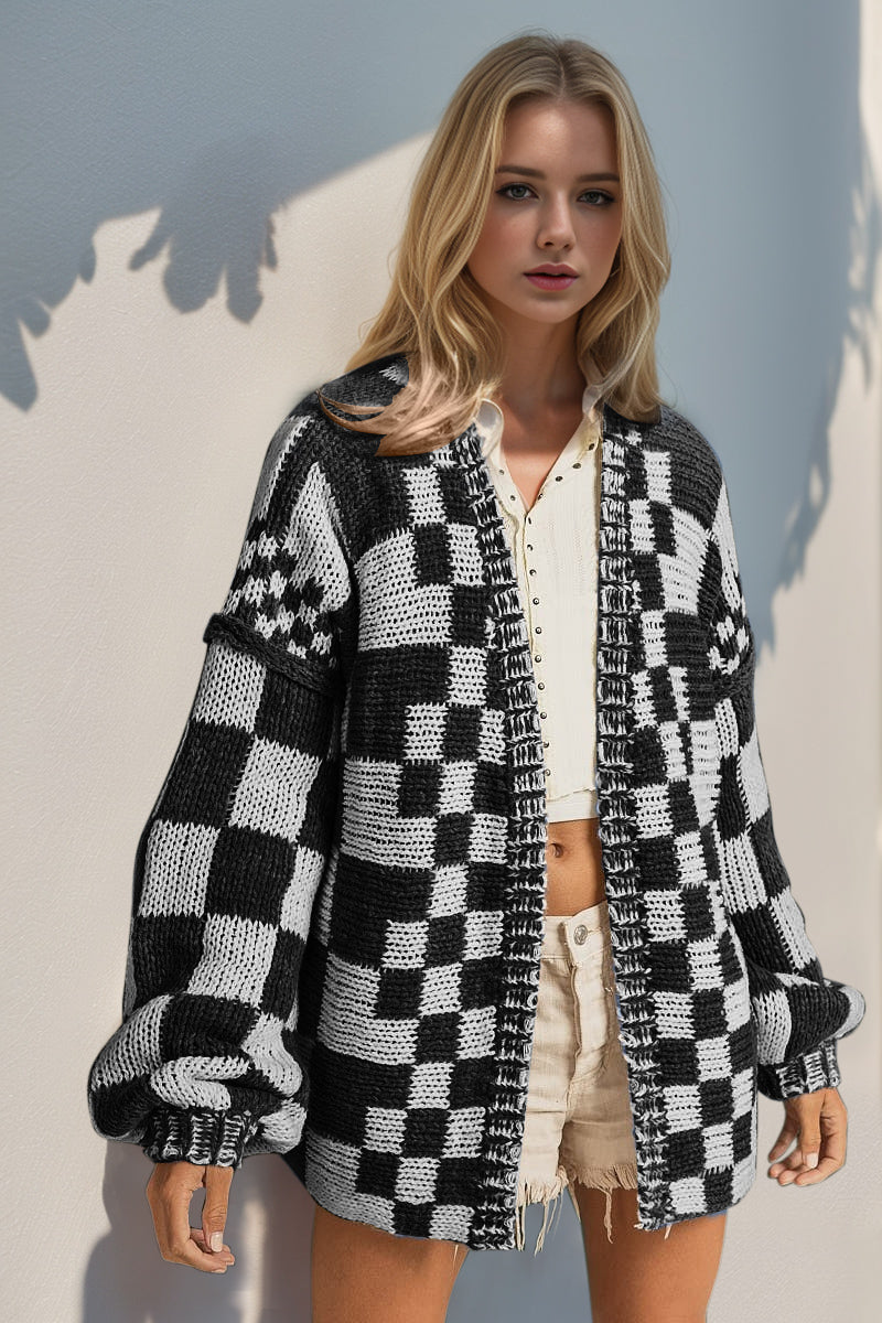 Double Take Full Size Open Front Checkered Drop Shoulder Cardigan-Angel Casuals