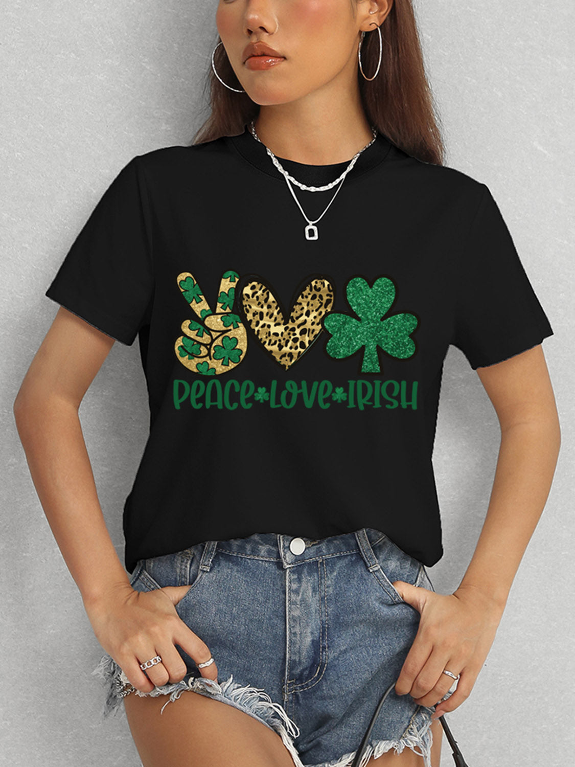 PEACE LOVE IRISH Round Neck Short Sleeve T-Shirt-Angel Casuals