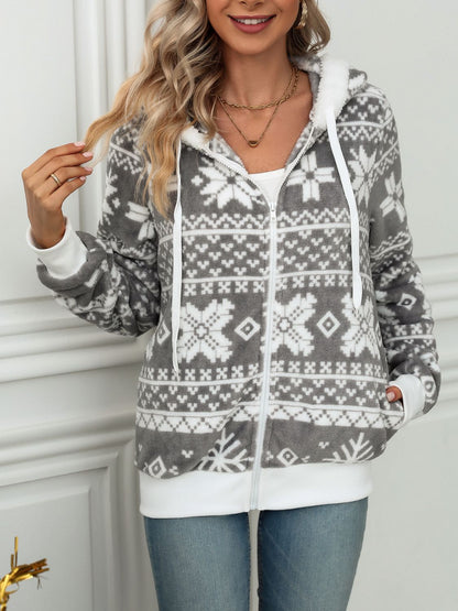 Drawstring Snowflake Zip Up Hooded Outerwear-Angel Casuals