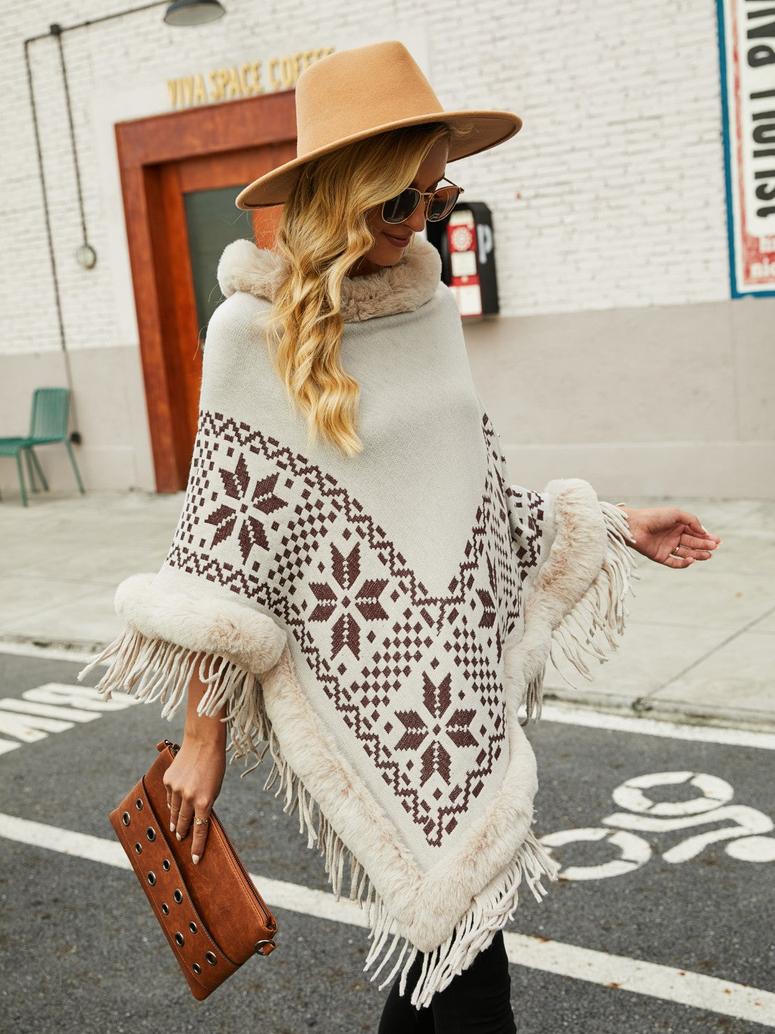 Fringe Geometric Cape Sleeve Poncho-Angel Casuals