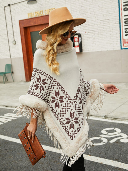 Fringe Geometric Cape Sleeve Poncho-Angel Casuals