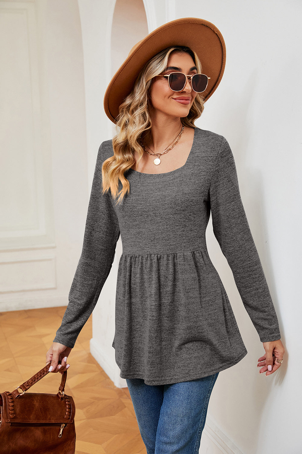 Square Neck Long Sleeve Peplum Top-Angel Casuals