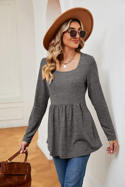 Square Neck Long Sleeve Peplum Top-Angel Casuals