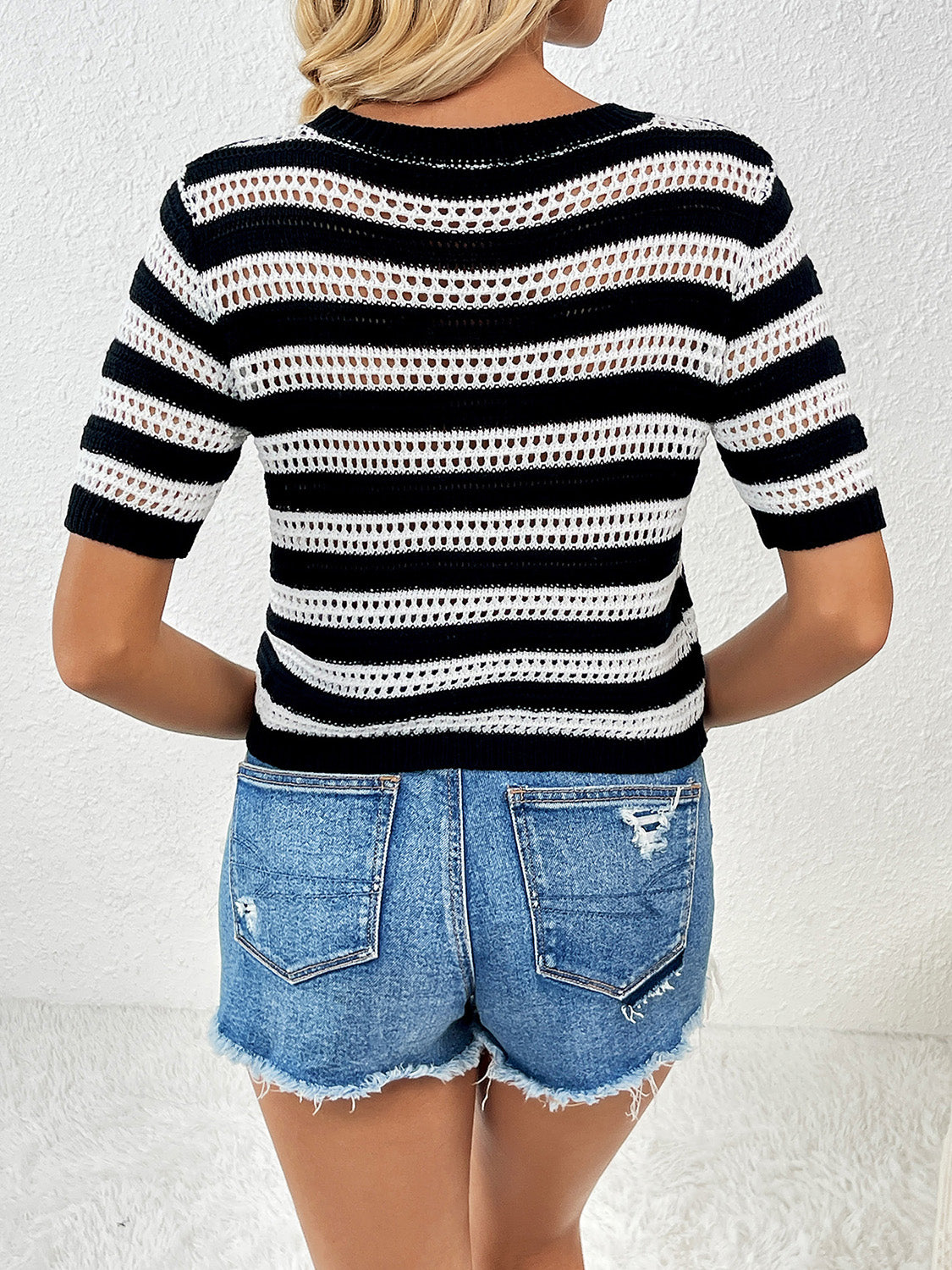 Openwork Striped Round Neck Short Sleeve Knit Top-Angel Casuals