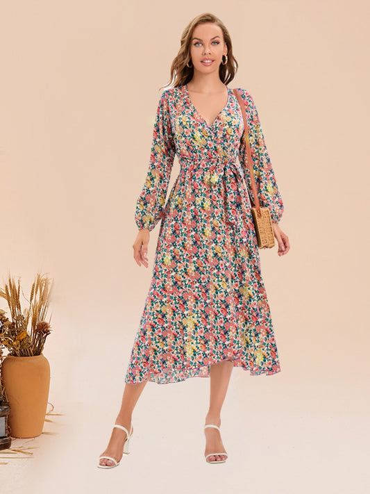 Full Size Printed Surplice Long Sleeve Dress-Angel Casuals