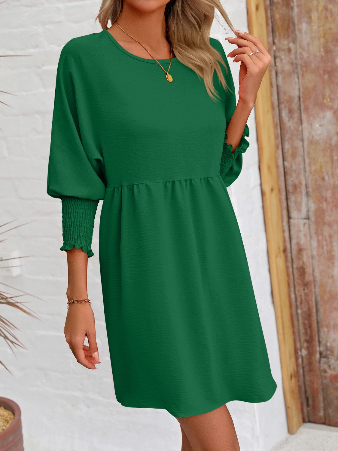 Round Neck Lantern Sleeve Mini Dress-Angel Casuals