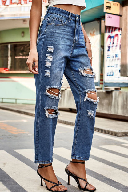 Distressed High Waist Straight Jeans-Angel Casuals