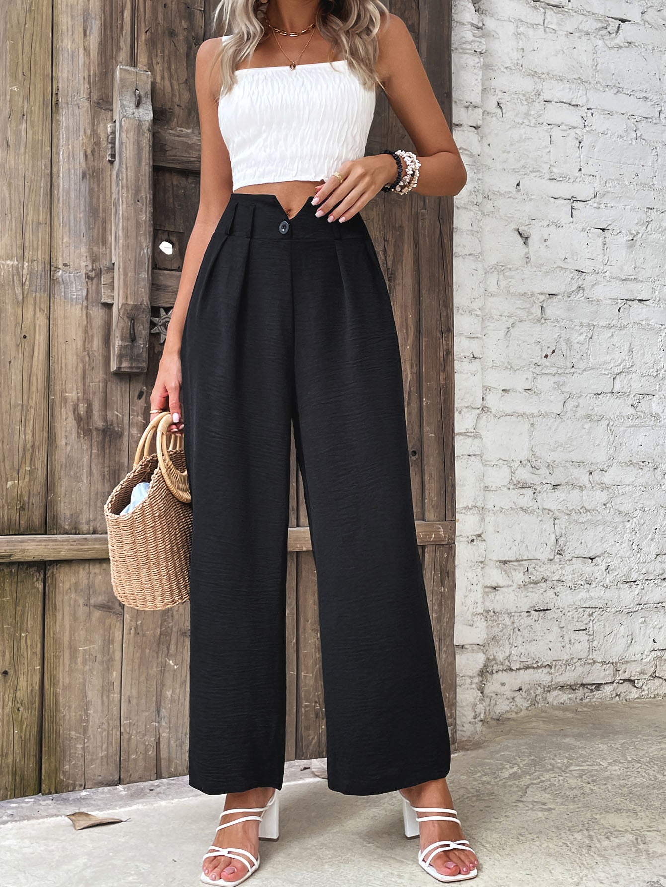 Ruched High Waist Straight Leg Pants-Angel Casuals