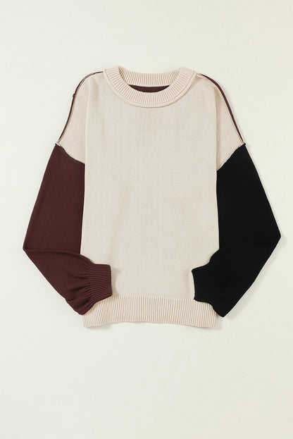 Contrast Round Neck Dropped Shoulder Sweater-Angel Casuals