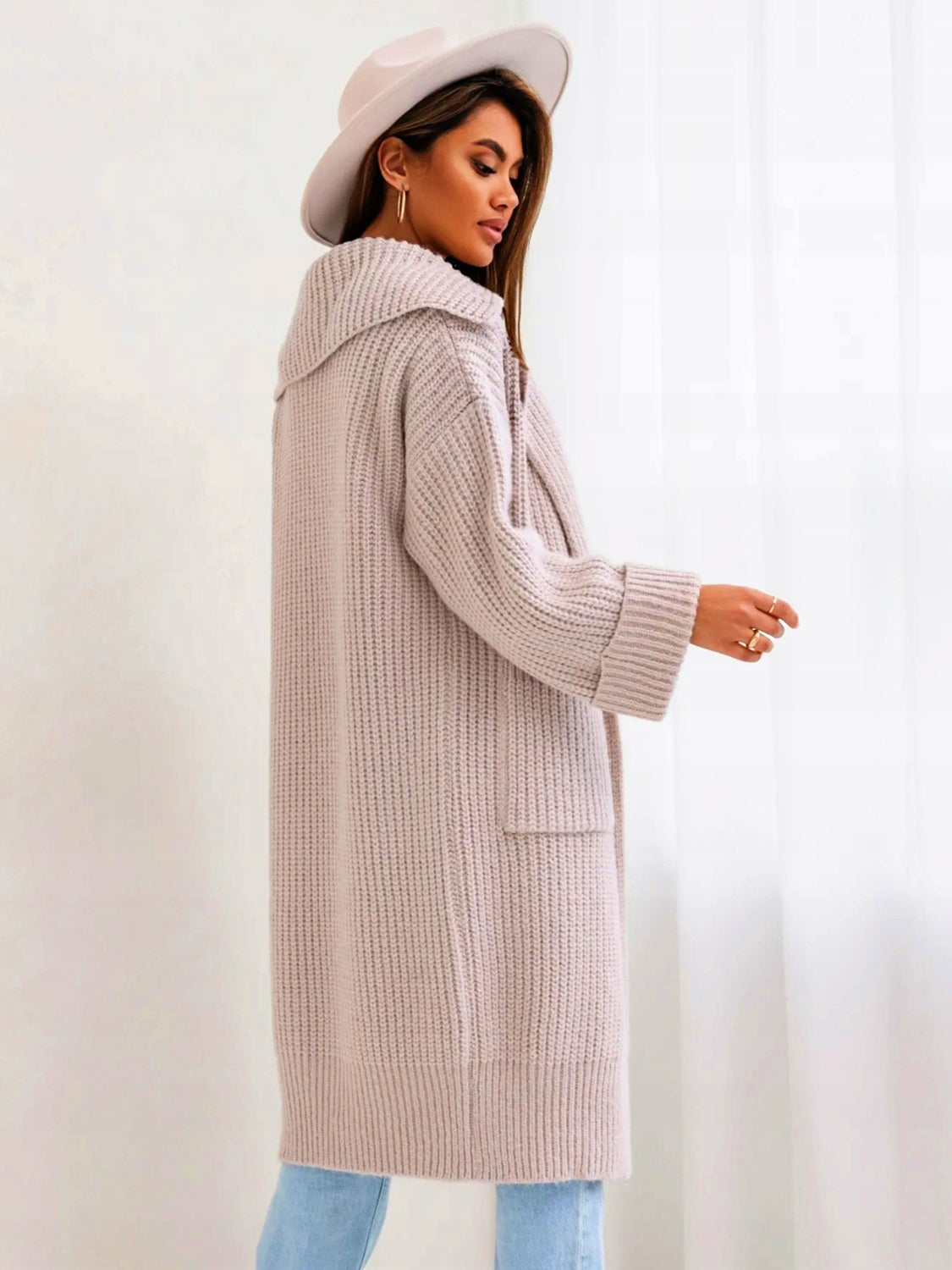 Pocketed Collared Neck Dropped Shoulder Cardigan-Angel Casuals