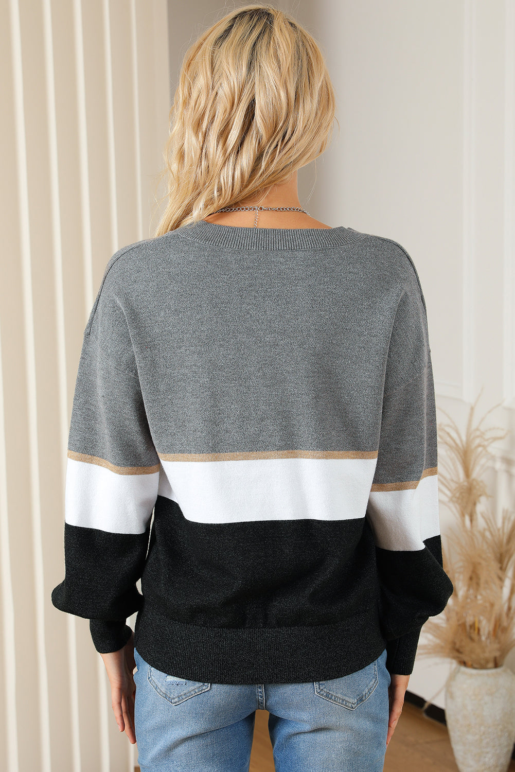 Color Block V Neck Long Sleeve Sweater-Angel Casuals