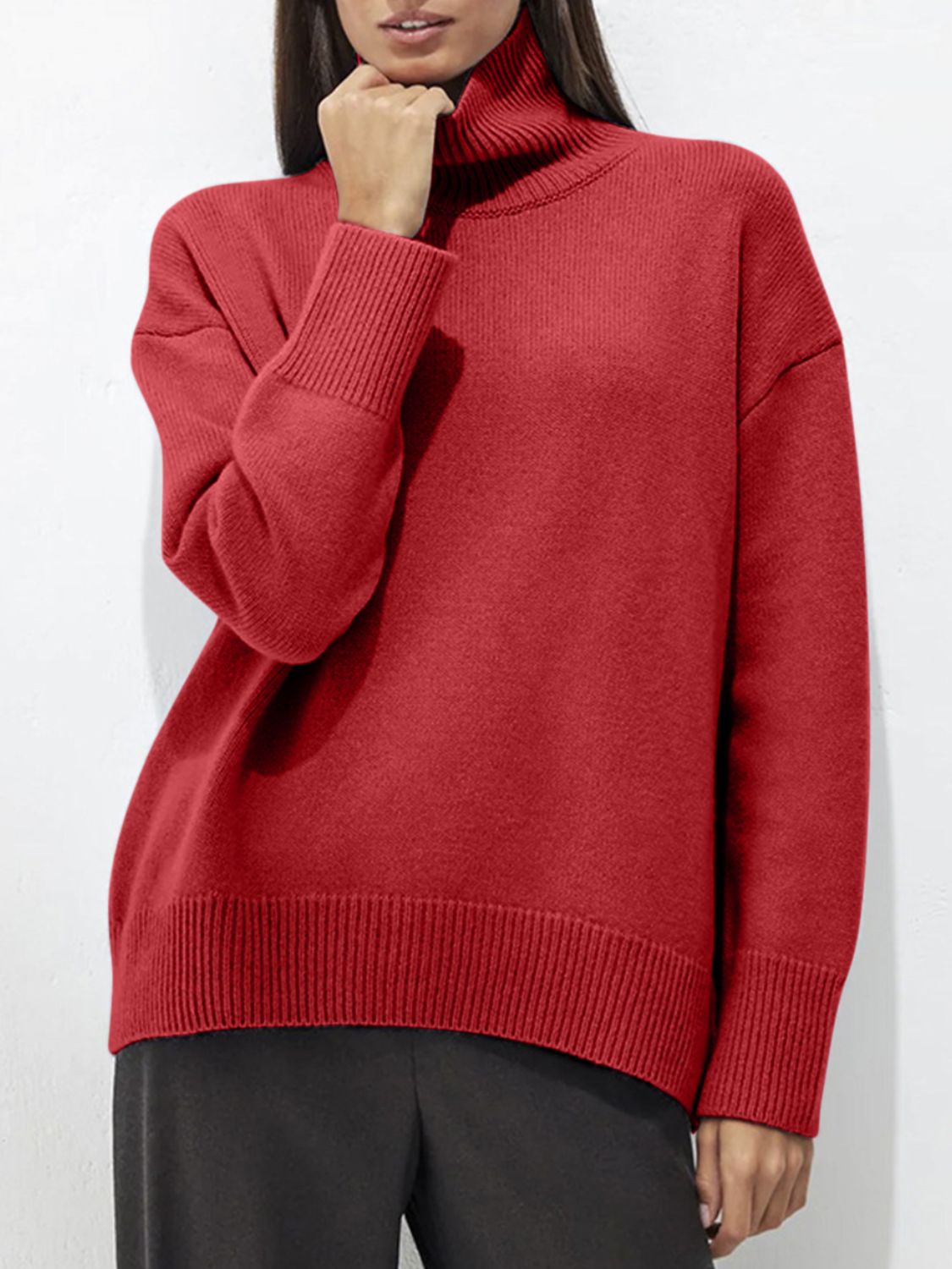 Ribbed Detail Turtleneck Dropped Shoulder Sweater-Angel Casuals