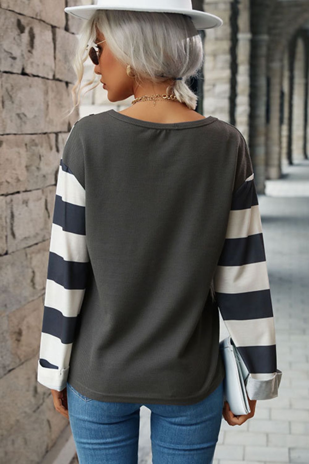 Leopard Striped Round Neck Long Sleeve Tee-Angel Casuals