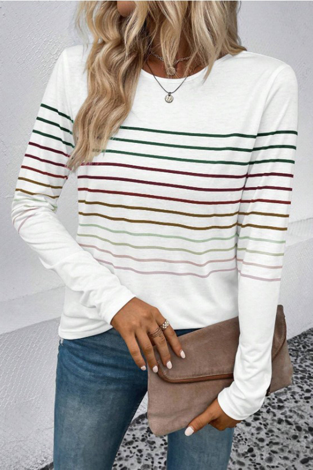 Striped Round Neck Long Sleeve T-Shirt-Angel Casuals