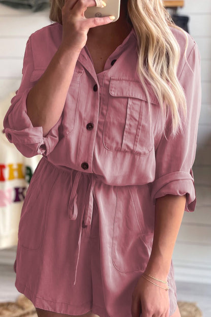 Collared Neck Drawstring Roll-Tab Sleeve Romper-Angel Casuals