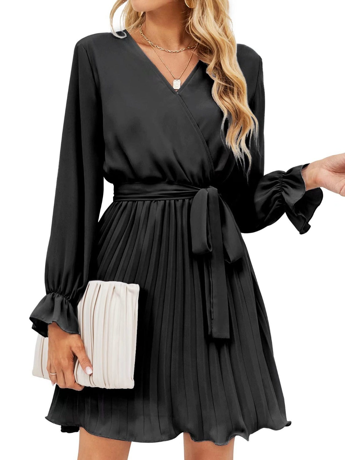 Surplice Flounce Sleeve Pleated Mini Dress-Angel Casuals