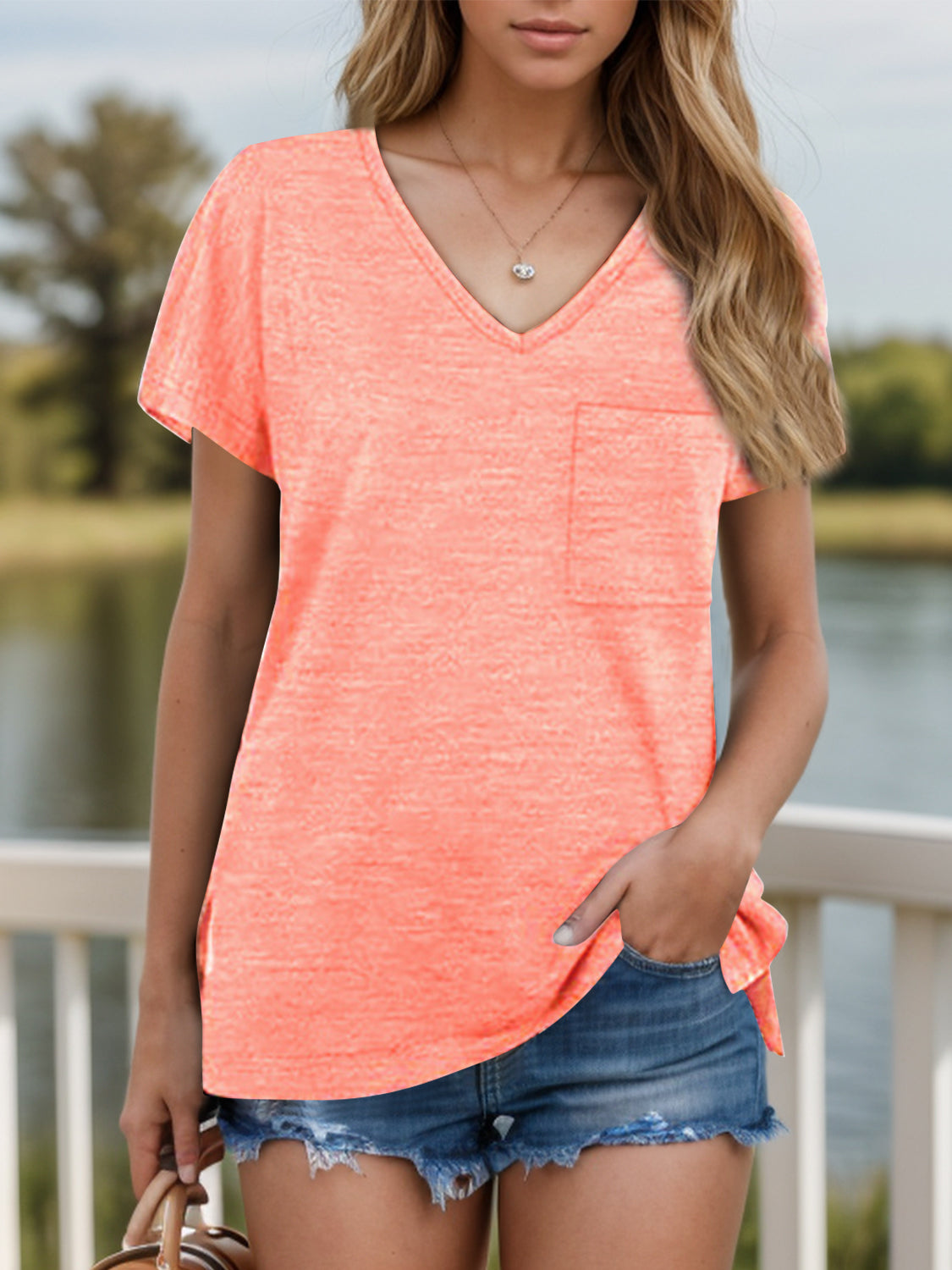 Pocketed Heathered V-Neck Short Sleeve T-Shirt-Angel Casuals