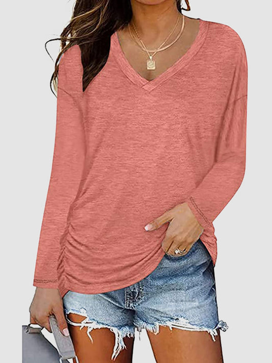 Ruched V-Neck Long Sleeve T-Shirt-Angel Casuals