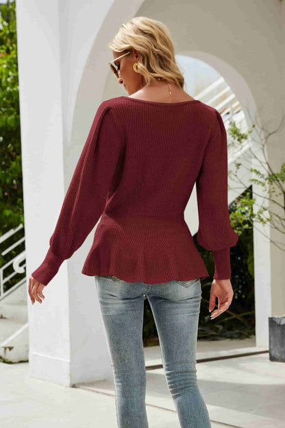 Ribbed Round Neck Lantern Sleeve Sweater-Angel Casuals