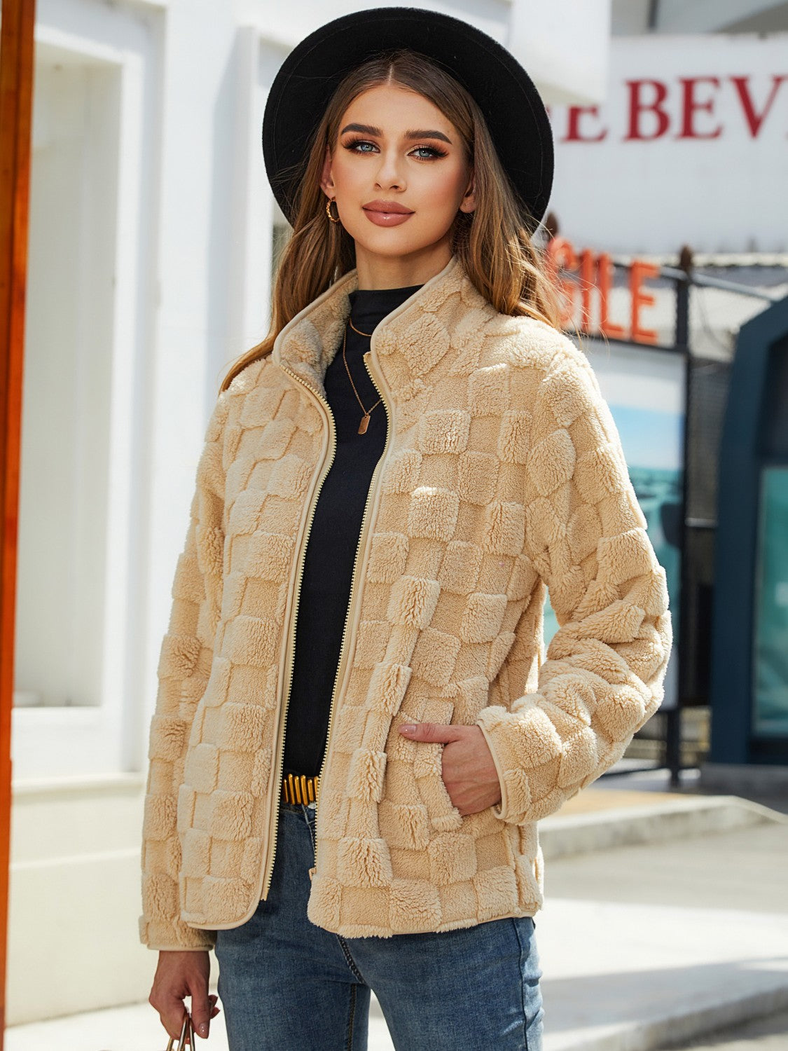 Fuzzy Checkered Zip Up Jacket-Angel Casuals