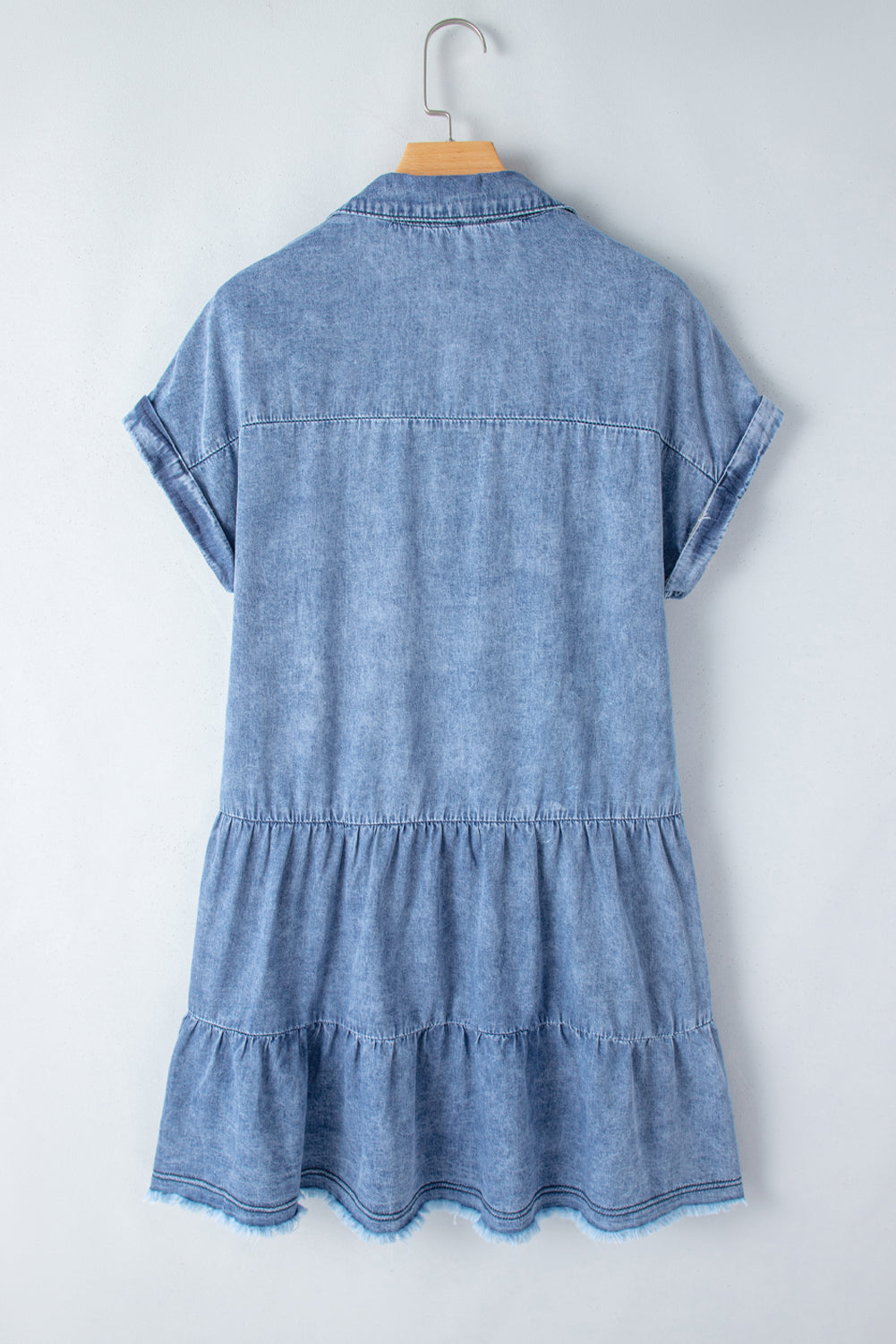 Raw Hem Collared Neck Short Sleeve Denim Dress-Angel Casuals