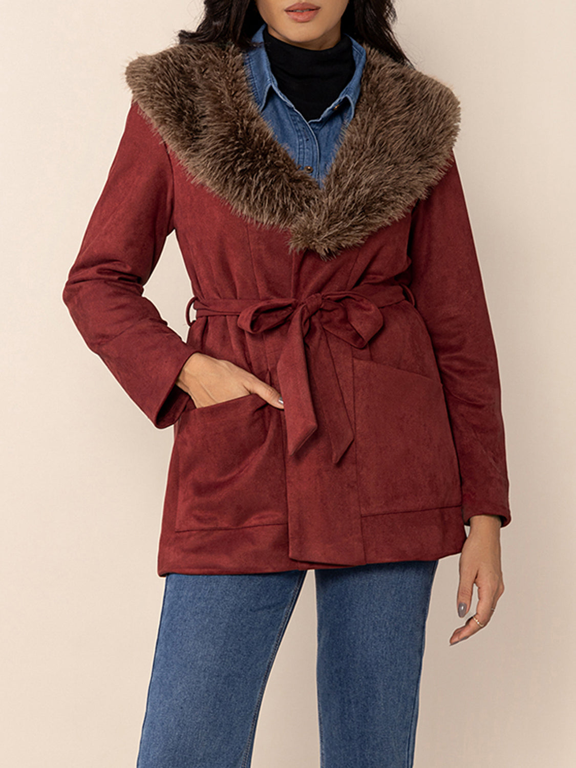 Fuzzy Collared Neck Tie Waist Jacket-Angel Casuals