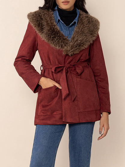 Fuzzy Collared Neck Tie Waist Jacket-Angel Casuals