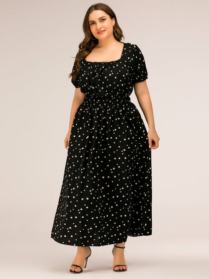 Plus Size Polka Dot Square Neck Dress-Angel Casuals