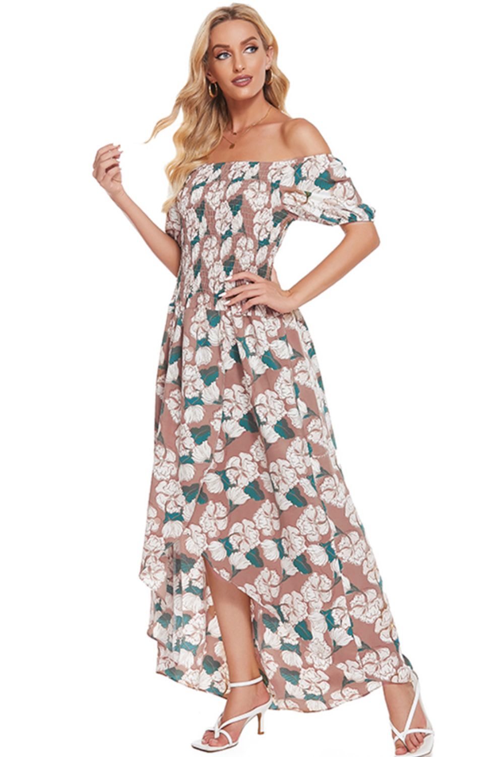 Floral Off-Shoulder Slit Maxi Dress-Angel Casuals