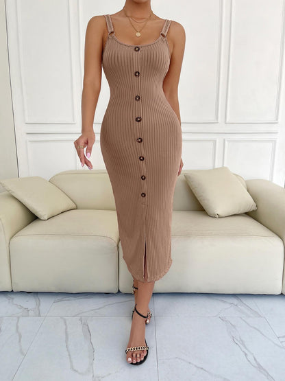 Ribbed Slit Decorative Button Cami Dress-Angel Casuals