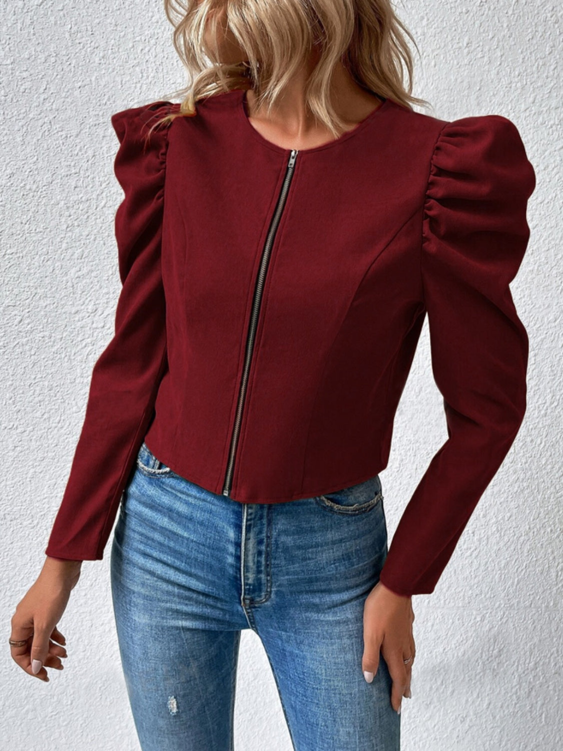 Zip Up Puff Sleeve Jacket-Angel Casuals