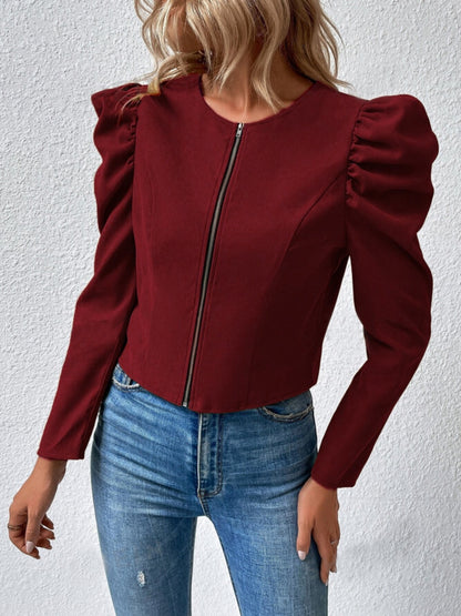 Zip Up Puff Sleeve Jacket-Angel Casuals