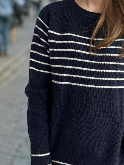 Striped Round Neck Long Sleeve Sweater-Angel Casuals