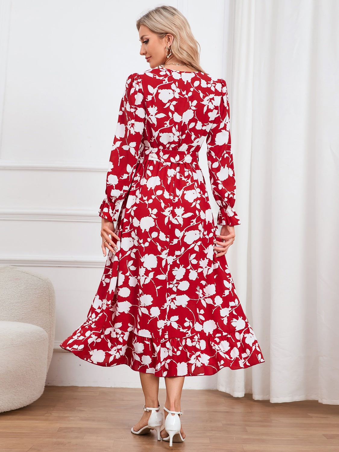 Floral Surplice Flounce Sleeve Ruffle Hem Dress-Angel Casuals