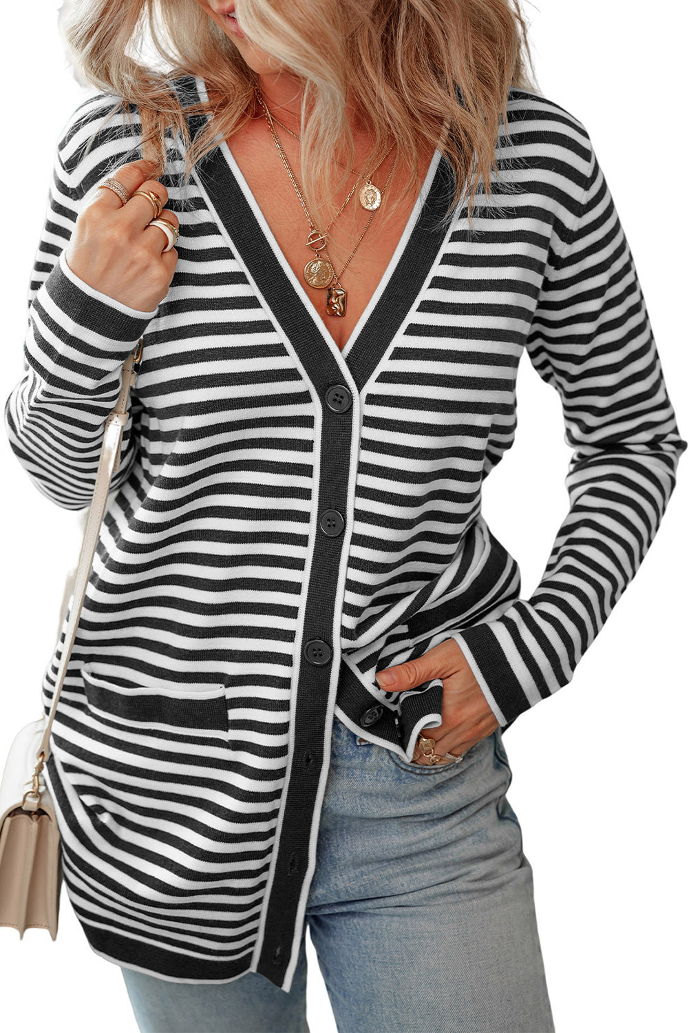Striped Open Front Long Sleeve Cardigan-Angel Casuals