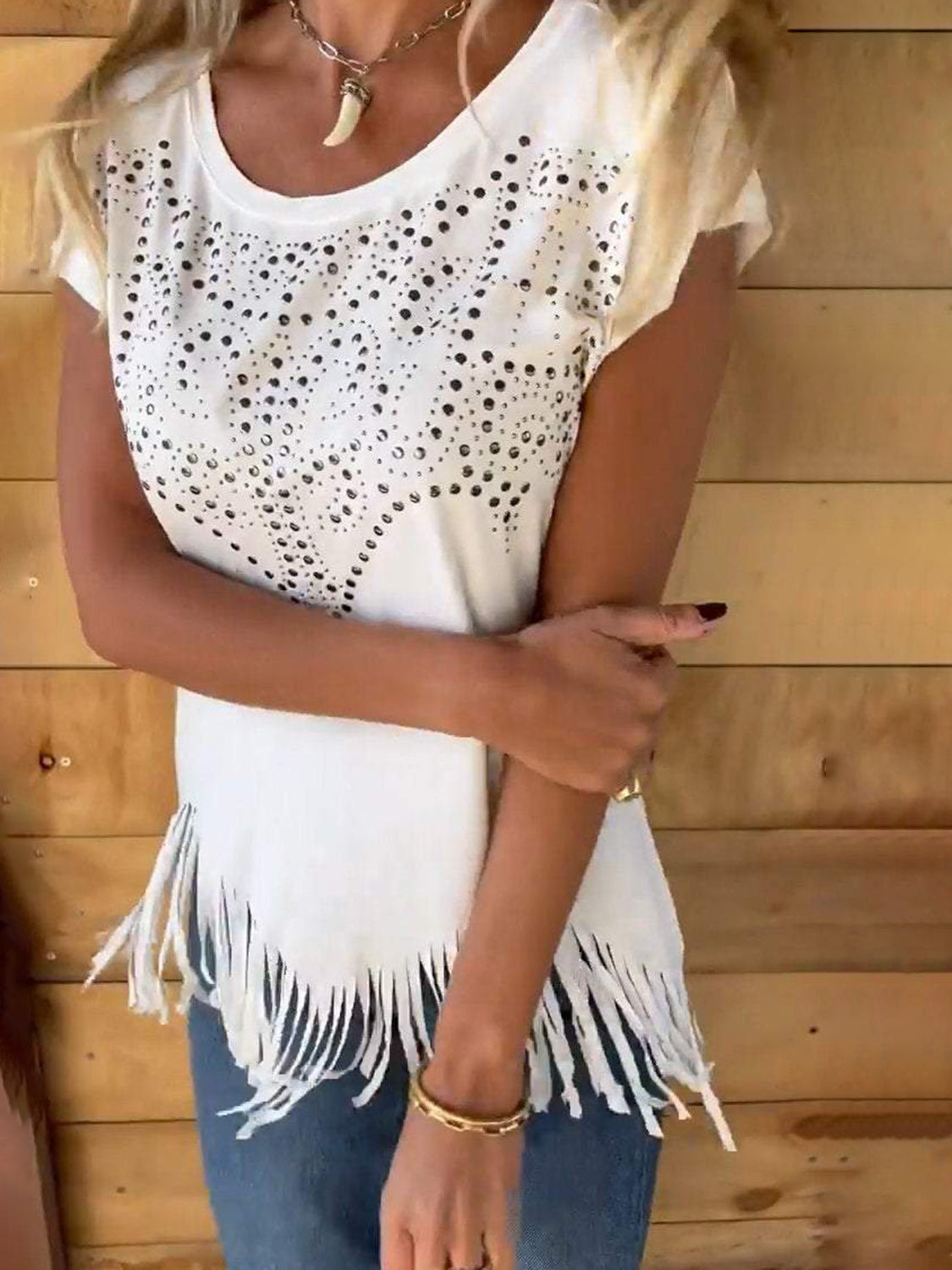 Studded Fringe Round Neck Cap Sleeve T-Shirt-Angel Casuals