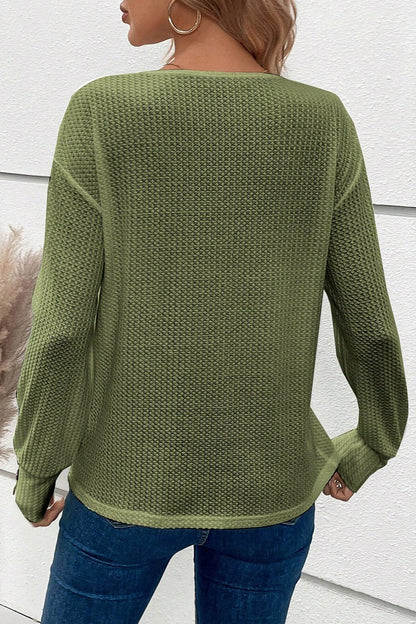 Decorative Button V-Neck Long Sleeve T-Shirt-Angel Casuals