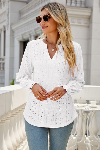 Eyelet Notched Lantern Sleeve T-Shirt-Angel Casuals
