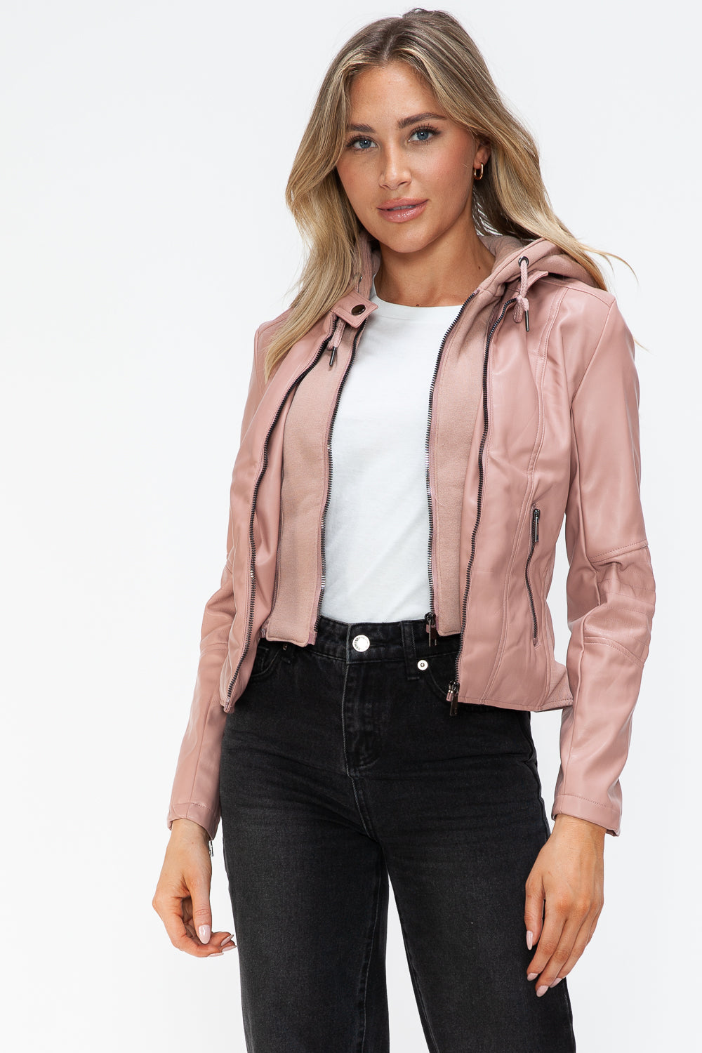 Snobbish Faux Leather Zip Up Drawstring Hooded Jacket-Angel Casuals