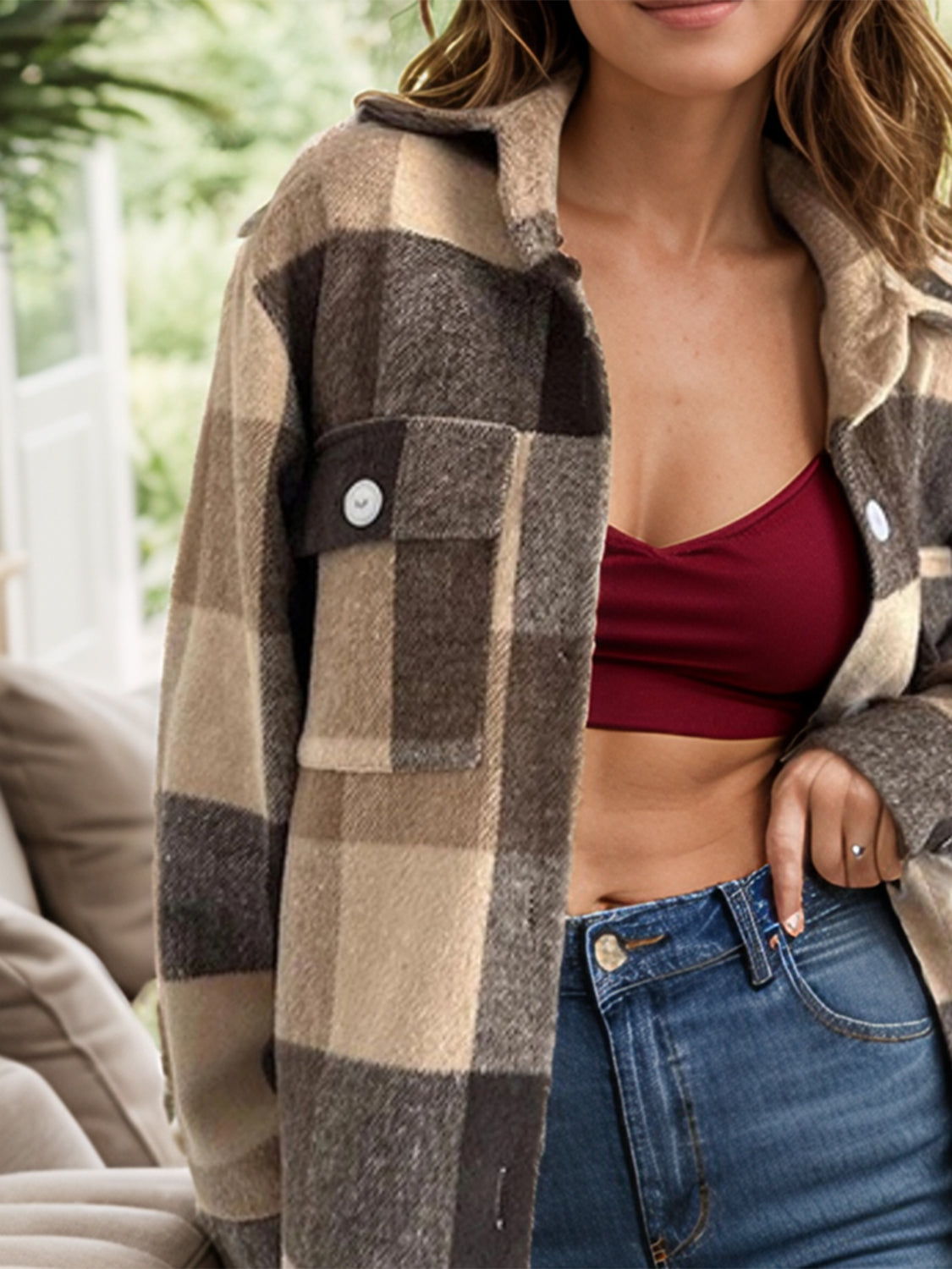 Plaid Button Up Long Sleeve Shacket-Angel Casuals