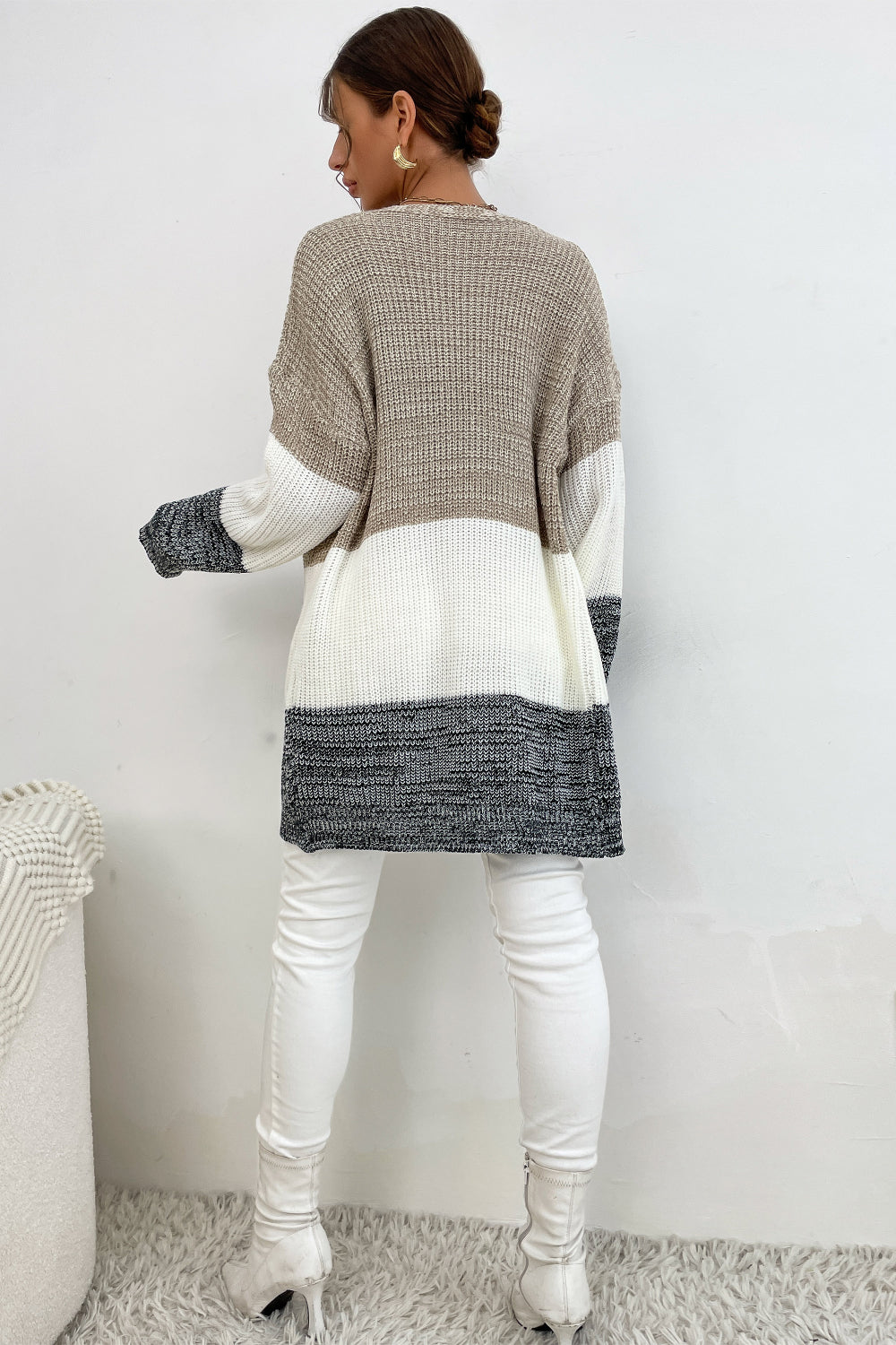 Tricolor Color Block Open Front Cardigan-Angel Casuals