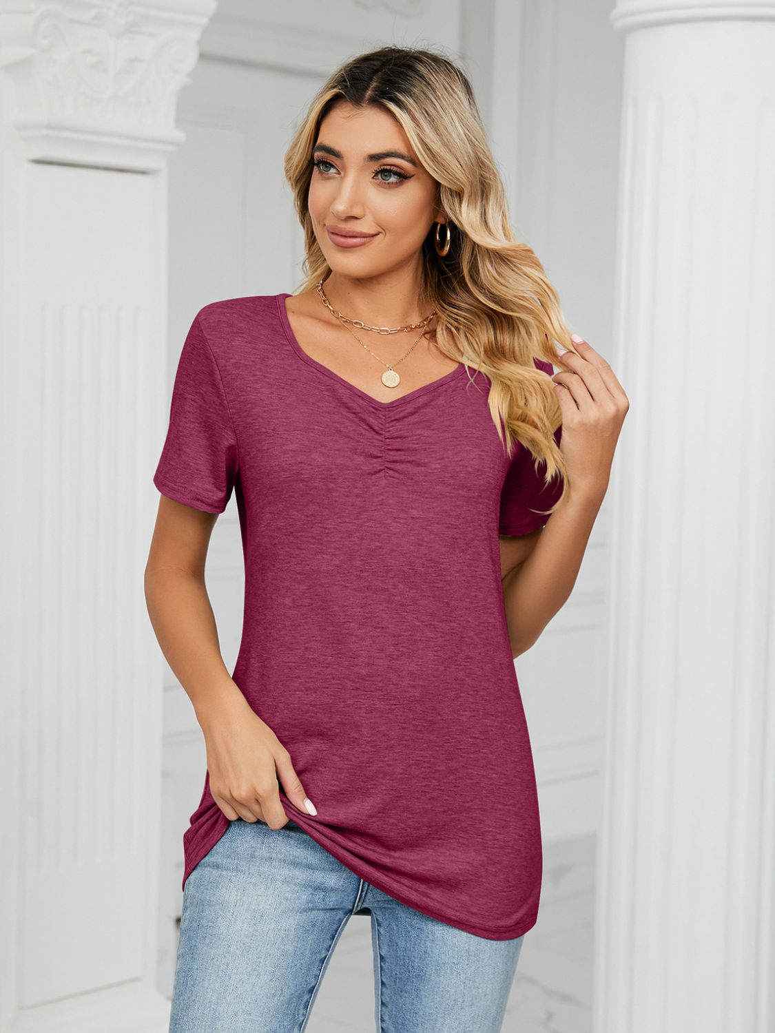 Ruched V-Neck Short Sleeve T-Shirt-Angel Casuals