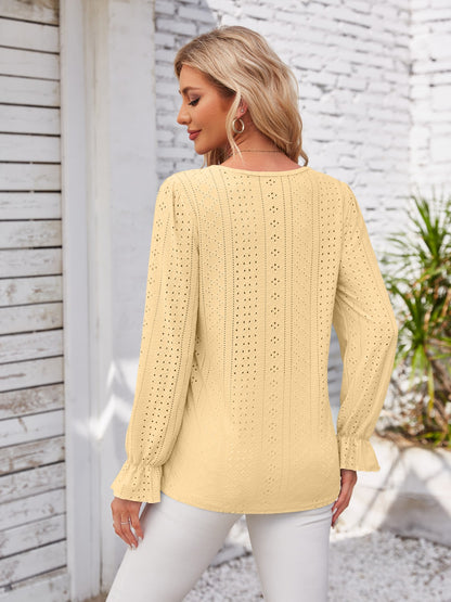 Applique V-Neck Flounce Sleeve T-Shirt-Angel Casuals