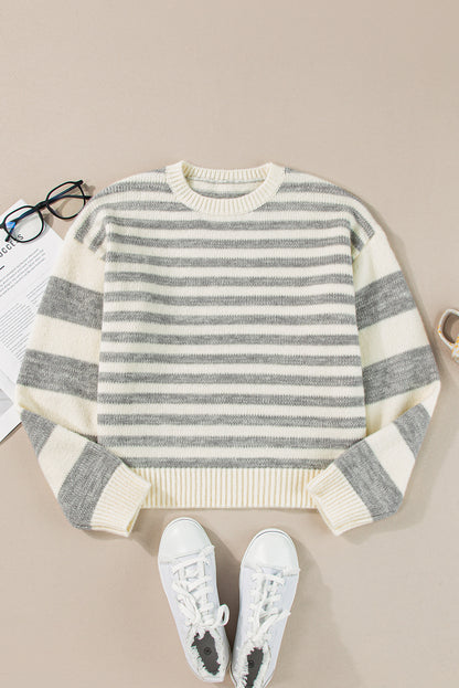 Striped Round Neck Dropped Shoulder Sweater-Angel Casuals