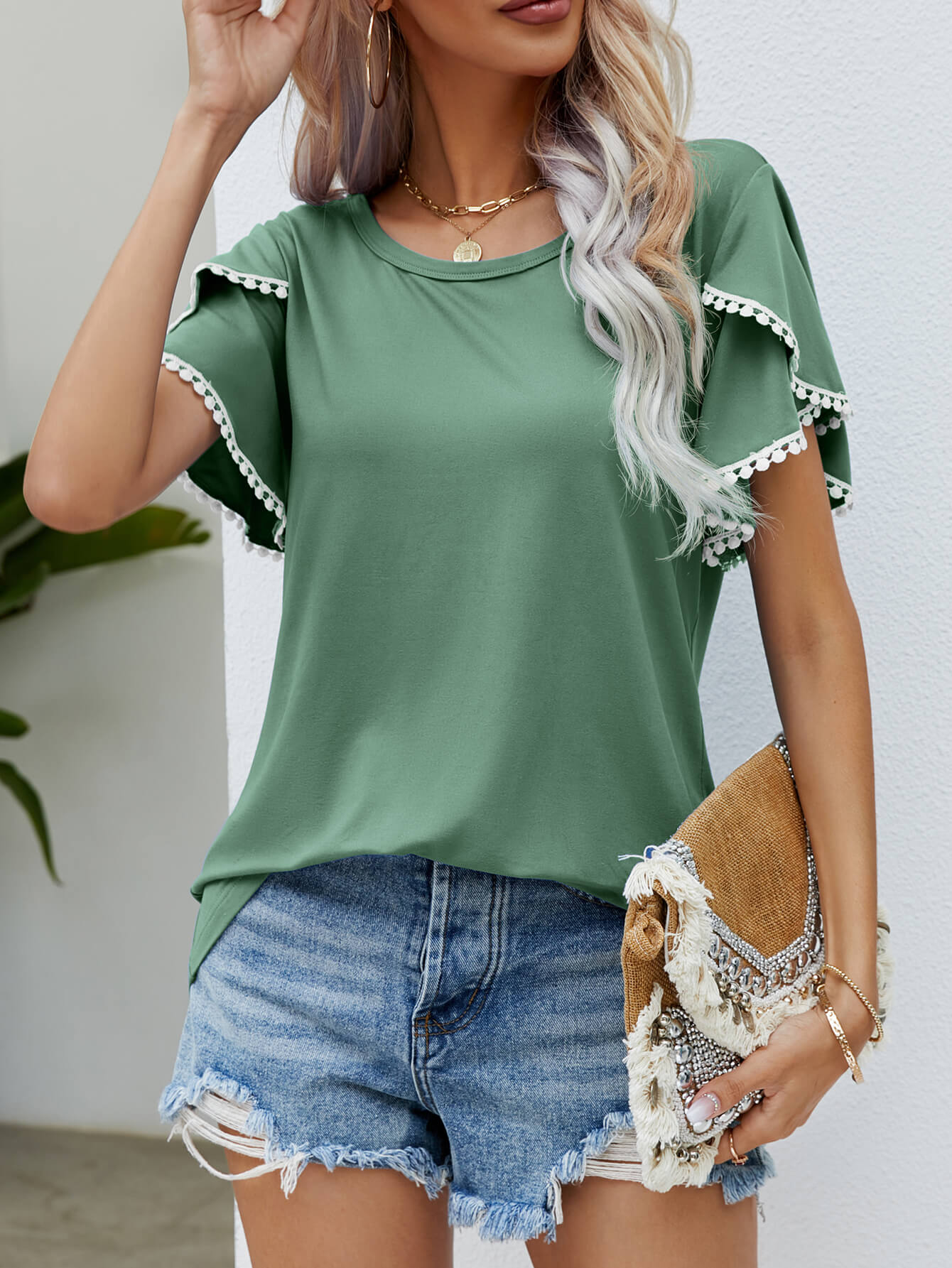 Pom-Pom Trim Flutter Sleeve Round Neck Tee-Angel Casuals