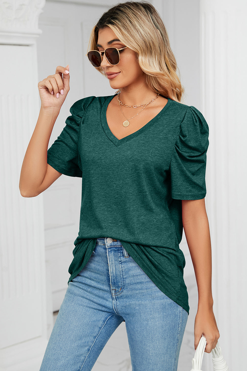 Heathered V-Neck Puff Sleeve T-Shirt-Angel Casuals