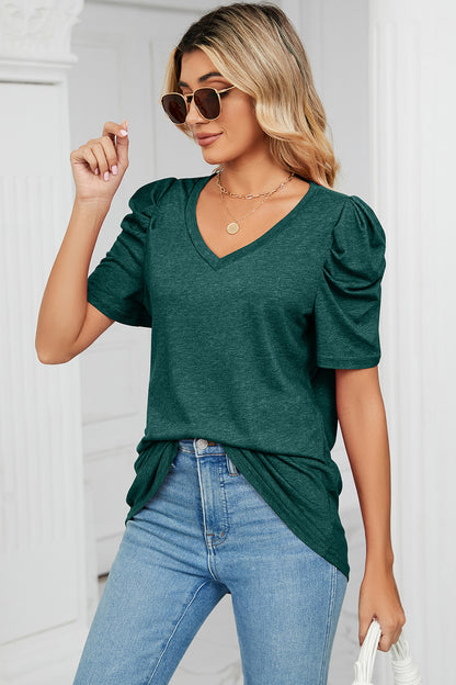 Heathered V-Neck Puff Sleeve T-Shirt-Angel Casuals