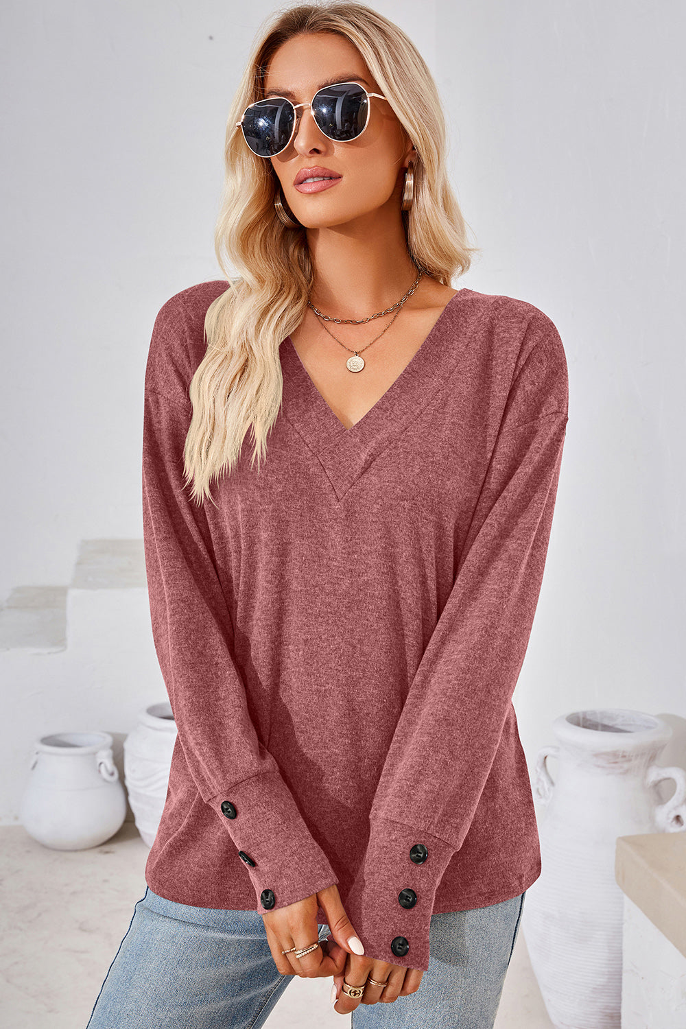 V-Neck Dropped Shoulder T-Shirt-Angel Casuals