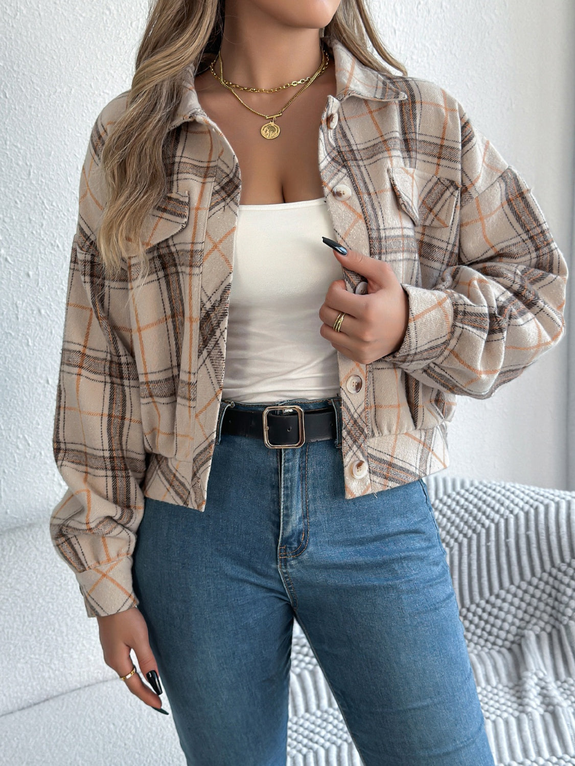 Plaid Button Up Long Sleeve Jacket-Angel Casuals