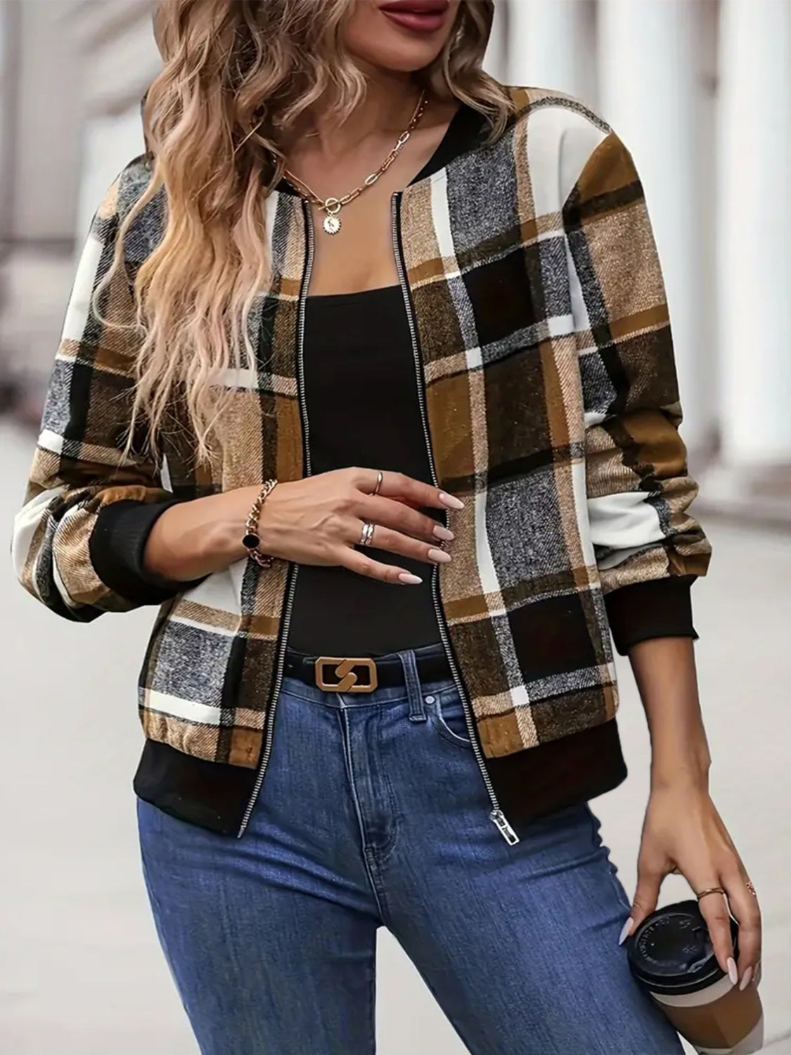 Plus Size Plaid Baseball Collar Zip Up Jacket-Angel Casuals